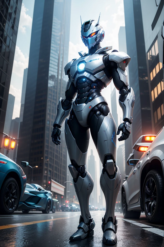 The image features a robotic figure standing in a city environment. The robot is wearing a silver suit and has a blue visor on its head. It appears to be a futuristic, metallic character, possibly from a video game or a sci-fi movie. The cityscape around the robot includes a few cars, with one car positioned to the left of the robot and another car further to the right. There are also two traffic lights in the scene, one located near the center and the other towards the right side. The overall setting suggests a futuristic urban landscape.