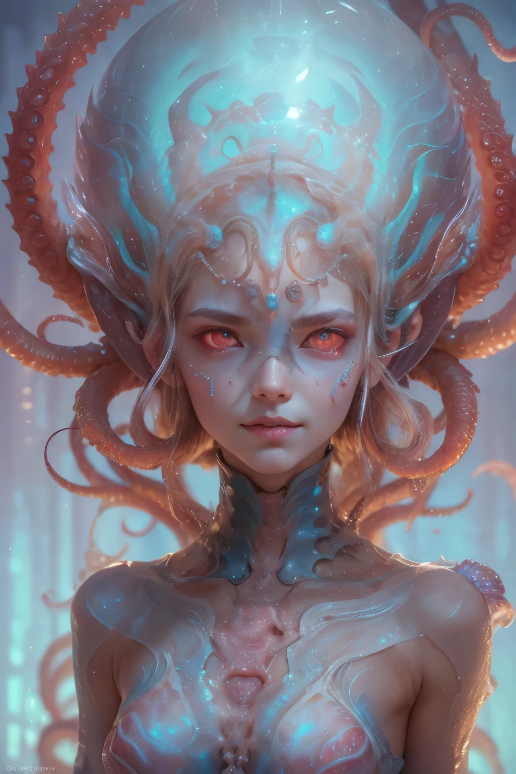 Portrait, (beautiful female alien:1.2),  (she has red eyes with no pupils:1.8), (Translucent skin:1.7),  (There is a female genital-like organ in the middle of the forehead:1.9), (The most beautiful face in the history of the universe:1.2),an evil gaze that seduces, (large mouth:1.1), (sharp teeth like a vampire:1.2), Full body portrait, (bio luminescent:1.5), (Smile wickedly:1.3),  (sexypose:1.5), alien, No humans, cells are fused, (Lots of translucent tentacles:1.3) extraterrestrial, cell, bio image, best quality, 8K,In 4K_quality, High freshness, Dramatic Lighting, masutepiece:1.5,cinematic quality, detail up, (exquisite details:1.2), high resolution, High freshness, drawing faithfully, (Thick eyebrows:1.2), Beautiful eyes with fine symmetry,(Highly detailed face and eyes:1.2), Intimate face, (Super detailed skin quality feeling:1.4), perfect anatomy,  (Beautiful toned body:1.5),  (Moist skin:1.2), not wearing makeup, (dark circles:1.1), long canines, cinematic drawing of characters, ultra high quality model, cinematic quality, detail up, (exquisite details:1.2), high resolution, High freshness, drawing faithfully, official art, Unity 8K Wall  , 8K Portrait, best quality, Very high resolution, ultra detailed artistic photography, midnight aura,  unreal engine 5, Ultra Sharp Focus, art by alberto seveso, ArtGerm, Roisch, intricate artwork, best quality, masterpiece, ultra high resolution, (photos realistic:1.4), ultra realistic realism, dream-like, nautilus, Creation of fantasy, Snail, Dream Snail, (biopunk nautilus:1.3),Thrilling color schemes, ultra realistic realism, seductively smiling, Blue tentacles,