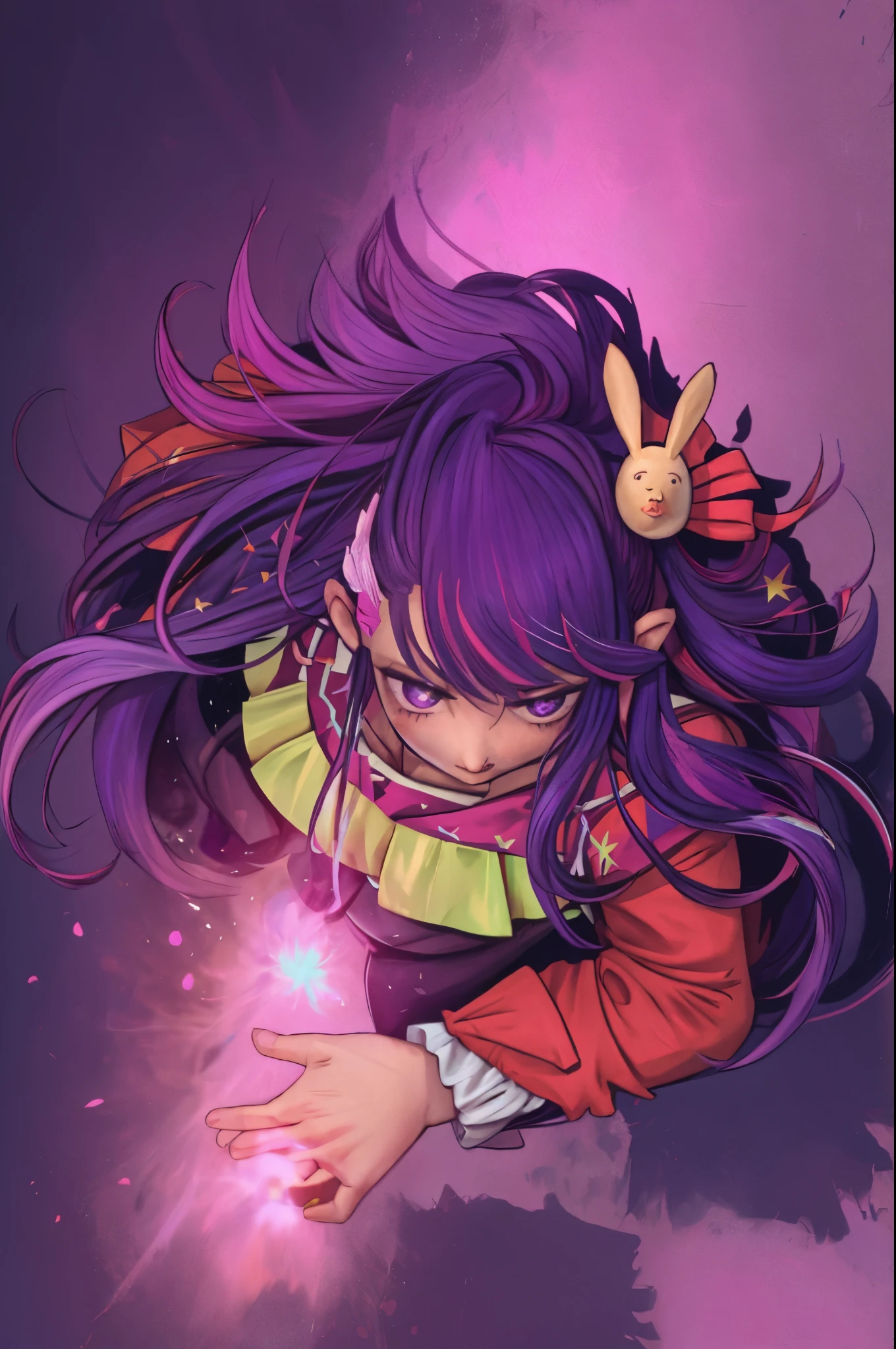 top down from above Hoshino Ai, long hair, purple hair, streaked hair ,purple eyes, star-shaped pupils, hair ornament