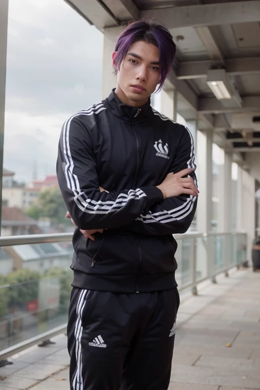 male influenser  : name : wilfred, age :27  , fit body , purple colored hair, track suit ooutfit , asian ,asian indian 