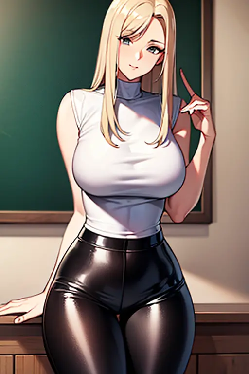 50-year-old Teacher Straight blond hair Leather pants White top