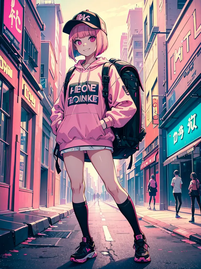 8k,((masterpiece)),((best quality)),1girl,solo,streetwear,model,pink hair,pink eyes,black baseball cap,neon street,standing,skin...