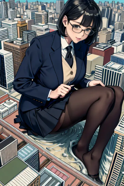 giantess art, surreal high school girl, 非常に詳細なgiantショット, giant, short hair, black pantyhose, a gigantic high school girl that&#3...