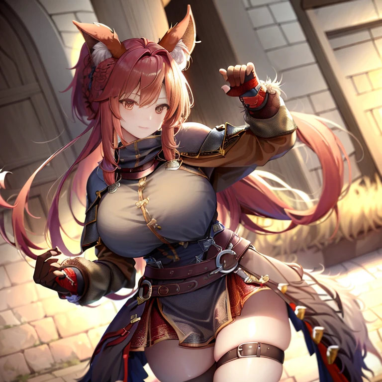 1girll,fur armour,Viking warrior, fur,Wolf ears, Extremely detailed,Reddish-orange hair,Braid,view the viewer(Masterpiece, Best quality:1.2) 