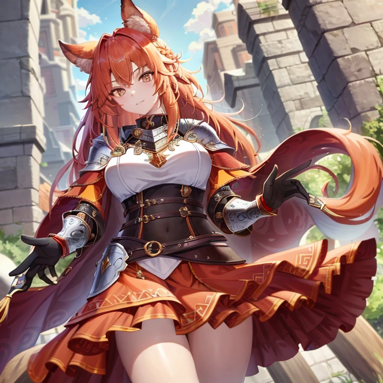 1girll,fur armour,Viking warrior, fur,Wolf ears, Extremely detailed,Reddish-orange hair,Braid,view the viewer(Masterpiece, Best quality:1.2) 