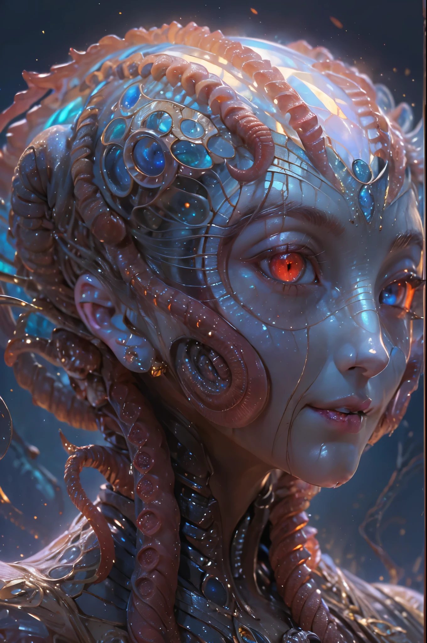 Portrait, (beautiful female alien:1.2),  (she has red eyes with no pupils:1.8), (Translucent skin:1.7),  (There is a female genital-like organ in the middle of the forehead:1.9), (The most beautiful face in the history of the universe:1.2),an evil gaze that seduces, (large mouth:1.1), (sharp teeth like a vampire:1.2), Full body portrait, (bio luminescent:1.5), (Smile wickedly:1.3),  (sexypose:1.5), alien, No humans, cells are fused, (Lots of translucent tentacles:1.3) extraterrestrial, cell, bio image, best quality, 8K,In 4K_quality, High freshness, Dramatic Lighting, masutepiece:1.5,cinematic quality, detail up, (exquisite details:1.2), high resolution, High freshness, drawing faithfully, (Thick eyebrows:1.2), Beautiful eyes with fine symmetry,(Highly detailed face and eyes:1.2), Intimate face, (Super detailed skin quality feeling:1.4), perfect anatomy,  (Beautiful toned body:1.5),  (Moist skin:1.2), not wearing makeup, (dark circles:1.1), long canines, cinematic drawing of characters, ultra high quality model, cinematic quality, detail up, (exquisite details:1.2), high resolution, High freshness, drawing faithfully, official art, Unity 8K Wall  , 8K Portrait, best quality, Very high resolution, ultra detailed artistic photography, midnight aura,  unreal engine 5, Ultra Sharp Focus, art by alberto seveso, ArtGerm, Roisch, intricate artwork, best quality, masterpiece, ultra high resolution, (photos realistic:1.4), ultra realistic realism, dream-like, nautilus, Creation of fantasy, Snail, Dream Snail, (biopunk nautilus:1.3),Thrilling color schemes, ultra realistic realism, seductively smiling, Blue tentacles,