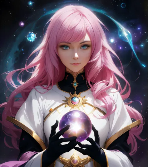 a close up of a woman holding a crystal ball in her hands, anime girl with cosmic hair, in the art style of bowater, neoartcore ...