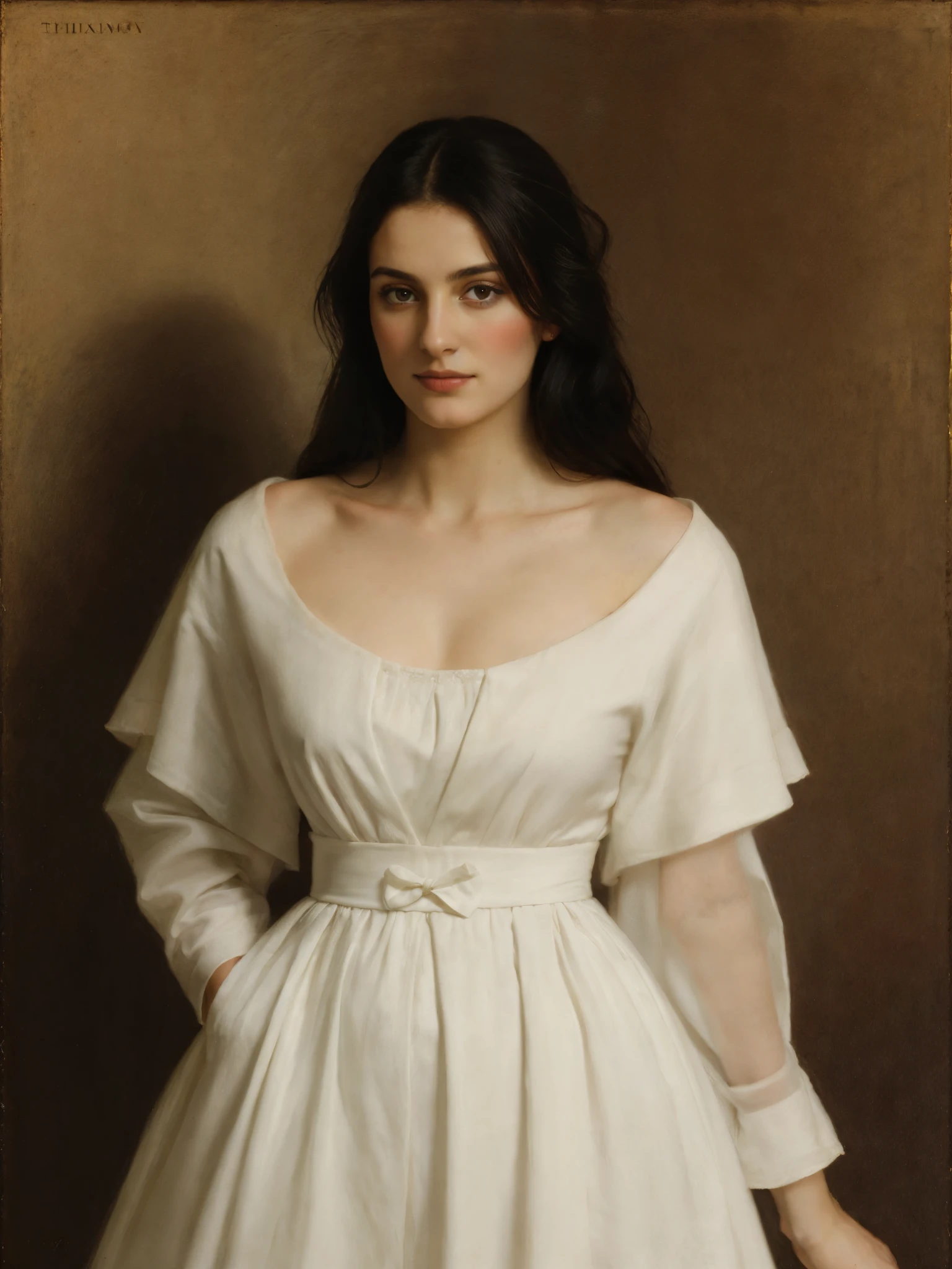 A painting of a woman in a white dress posing for a picture - SeaArt AI