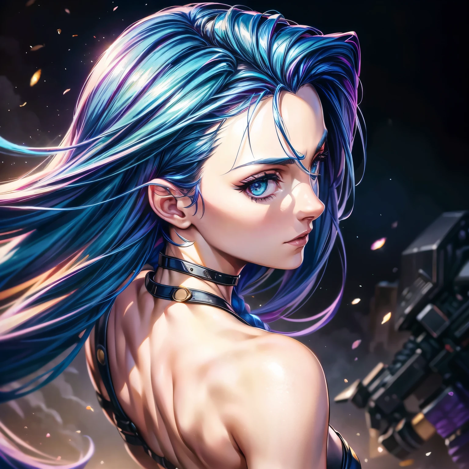 (best quality,4k,8k,highres,masterpiece:1.2),ultra-detailed,(realistic,photorealistic,photo-realistic:1.37),arcane,jinx,league of legends,praia,lying on a towel,alone,sunglasses,beautiful face,detailed skin,realistic hair,perfect texture,full body side view,portraits,vivid colors,soft sunlight