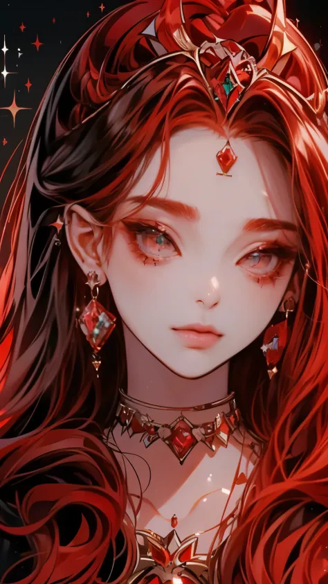 (muste piece), (best quality), very detailed, 1 girl，solo focus，perfect face, beautiful face, very detailed顔，(Red hair long hair:1.3)，(red eyes:1.4)，(long eyelashes:1.3)，(sparkling long gemstone earrings:1.4)，(Jewel tiara:1.3)