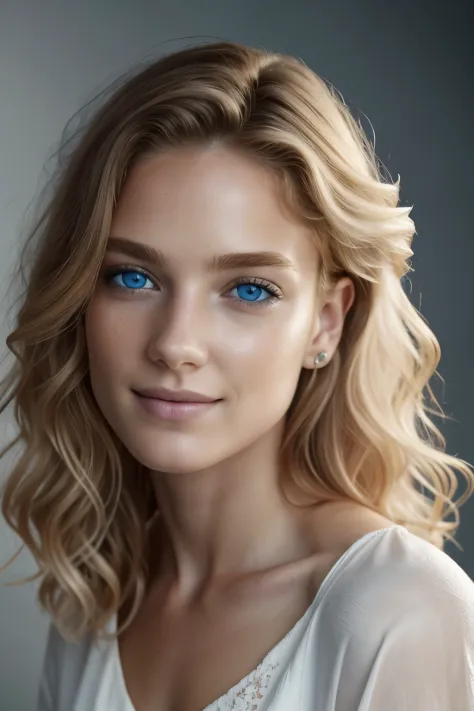 full shot young woman, curly blond hair, blue eyes, smiling, skin pores, full lips, (wearing a thin white top) dramatic lighting...