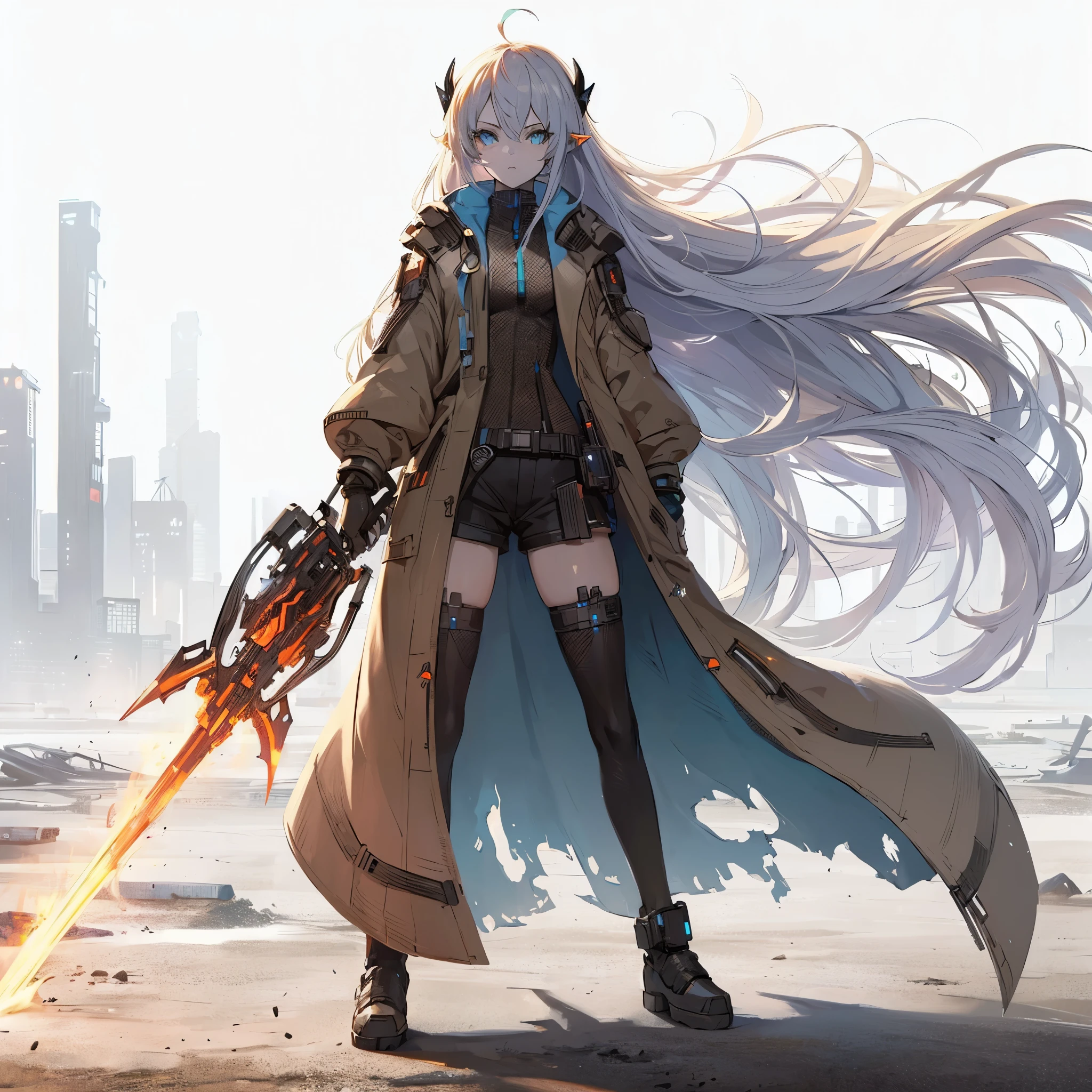 (Masterpiece, best quality), (perfect athlete body:1.2), (detailed hair), ultra-detailed, anime style, solo, full body, Cyberpunk dark elf girl, twin-tailed hair, blonde eyes ((pale blue skin)) wearing long coat, shorts and long boots, holding a high-tech heat sword, digital painting, 8k high resolution, whole body, white background, standing in wasteland
