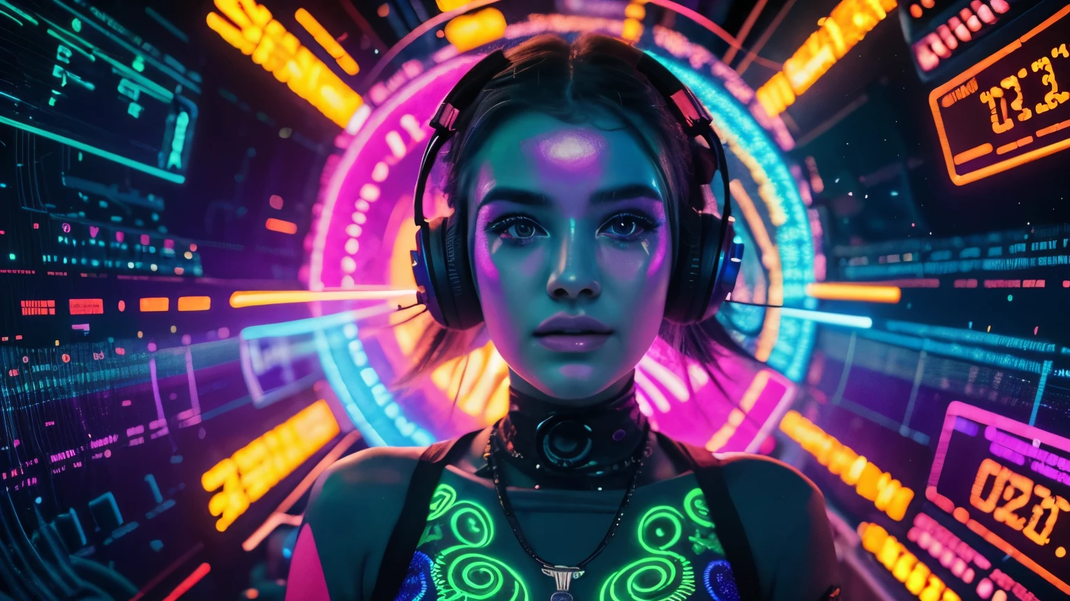 Alien Psy Trance wallpaper with ouvido telephones, Encouragement to art, colores vibrantes, Detailed alien girl, chica hermosa, Swirling Psychedelic Patterns, neon lights, strange atmosphere, Estilo de arte digital, 8k resolution