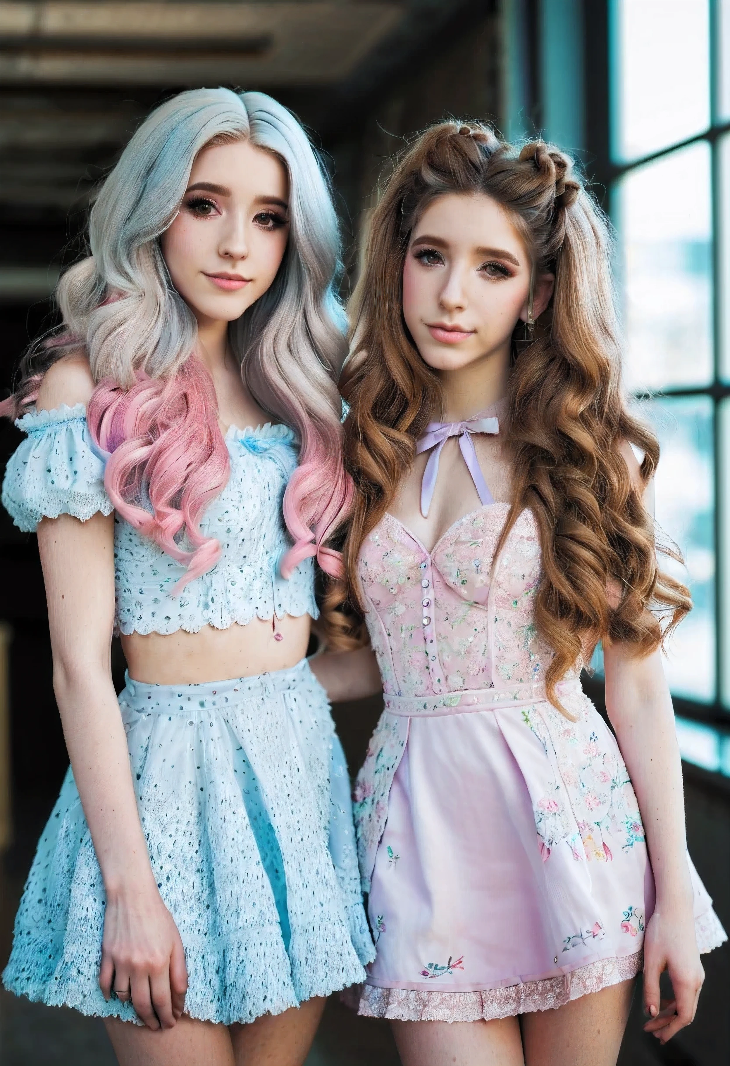 Two young women with pastey hair and pastey clothes - SeaArt AI