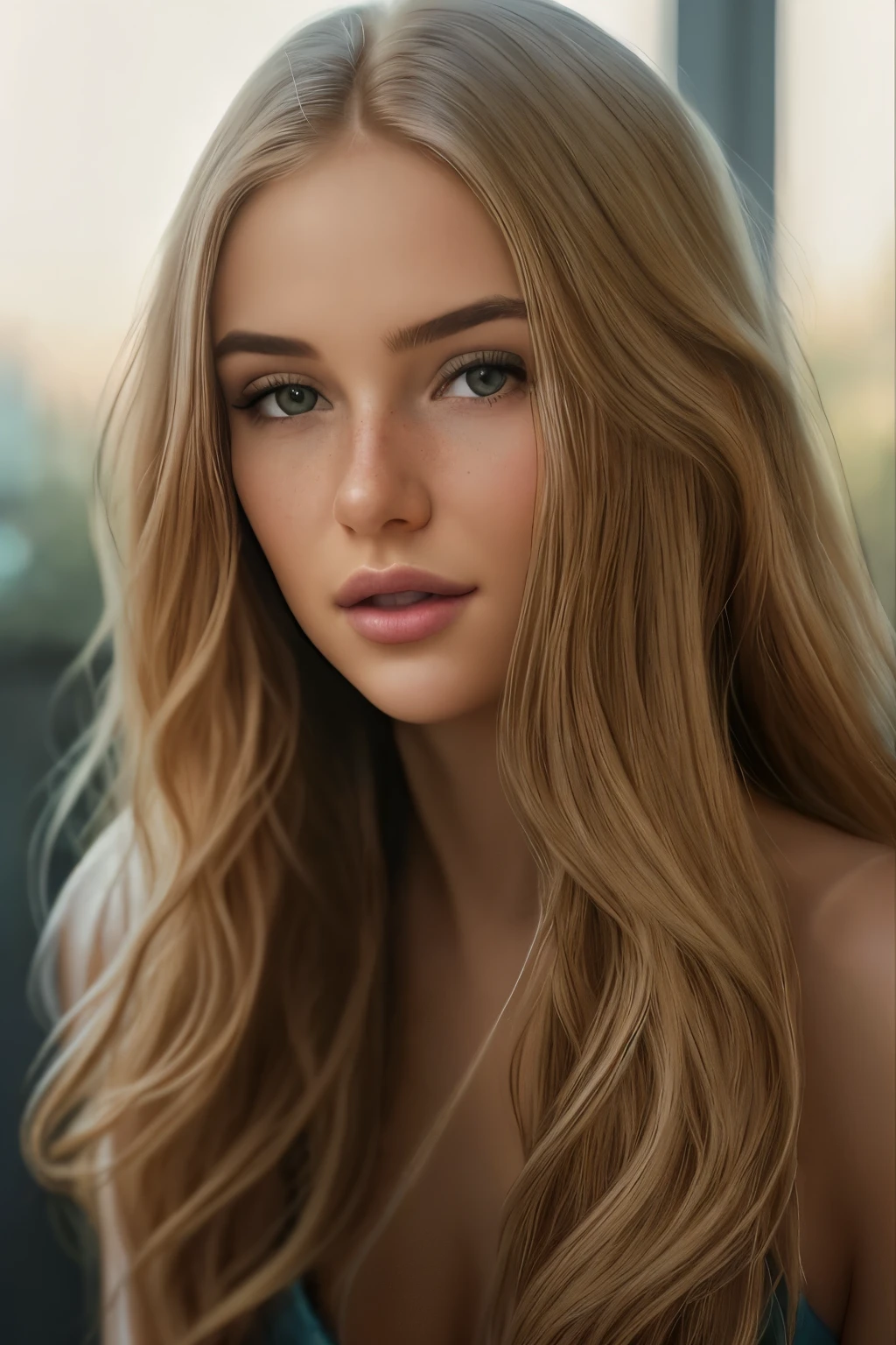 a close up of a woman with long blonde hair and a white top, retouched in photoshop, soft portrait shot 8 k, highly detailed vfx portrait, professional retouch, 4 k asymmetrical portrait, beauty retouch, ultrarealistic uhd faces, uhd realistic faces, 4k headshot photography, beautiful portrait lighting, soft golden hour lighting, soft lighting and focus