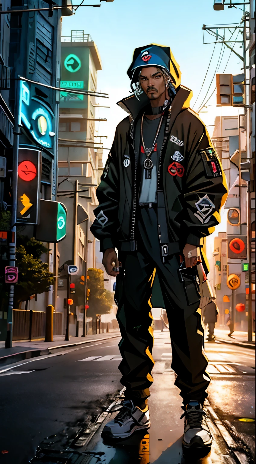 do snoop dog in cyber punk style, he is in the middle of the street, com altos predios aos lados