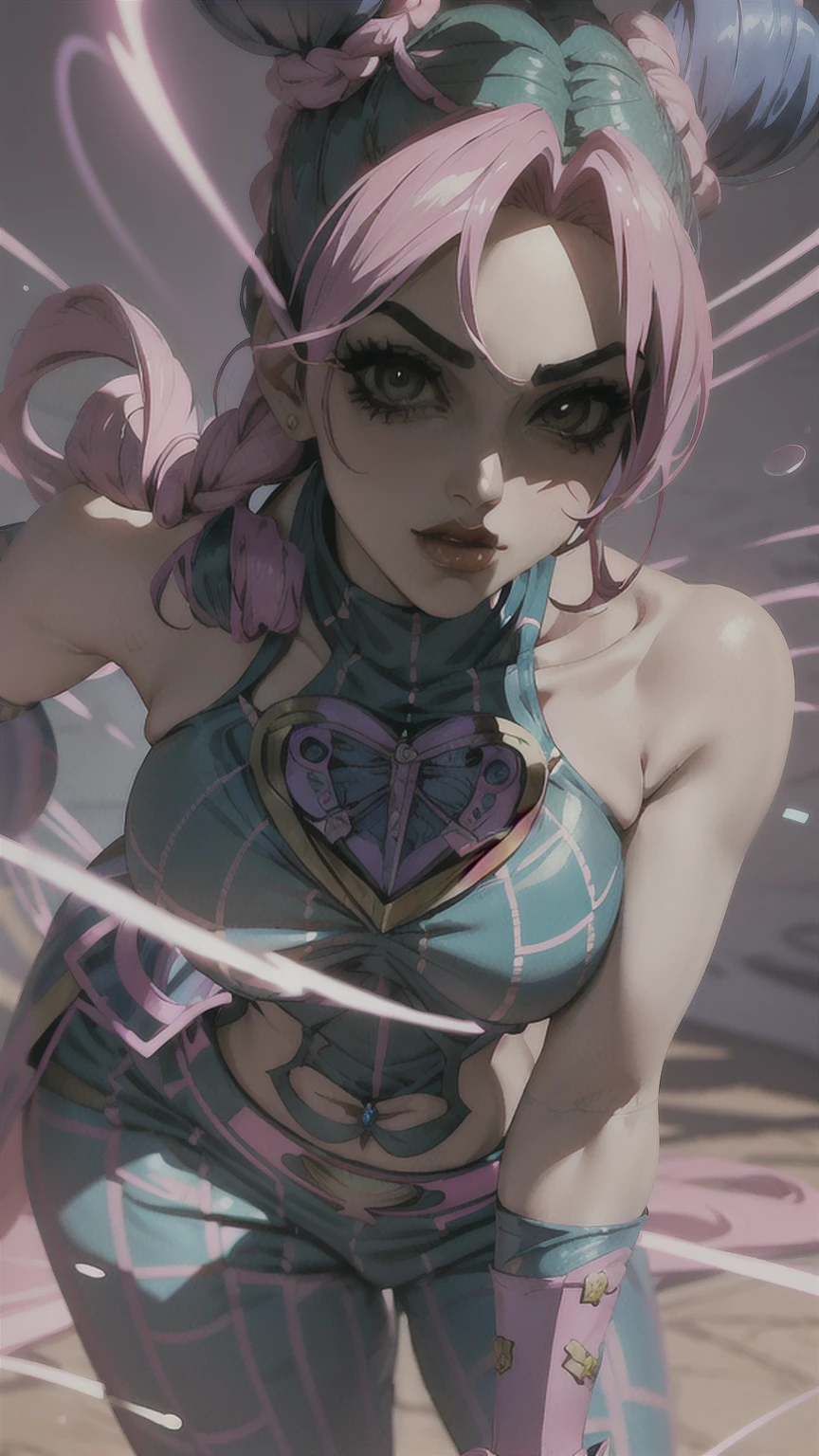 (best quality,3d rendering:1.1),(jolyne cujoh-jojo's bizarre adventure character design:1.1),full body,beautiful detailed face,expressive eyes,long eyelashes,perfectly shaped eyebrows,delicate nose,sensual lips,flowing hair in vibrant colors,dynamic pose,confident expression,stand in a vibrant and colorful environment,under the warm sunlight,with a sense of power and determination,wearing a stylish and unique outfit,attention to details in clothing,textured fabric and intricate patterns,sparkling accessories,striking color palette,rich and varied lighting effects,the play of shadows and highlights adds depth and dimension,impressive depth of field,renders with high level of realism,showcasing the character's personality and strength,creating a captivating and visually stunning artwork.