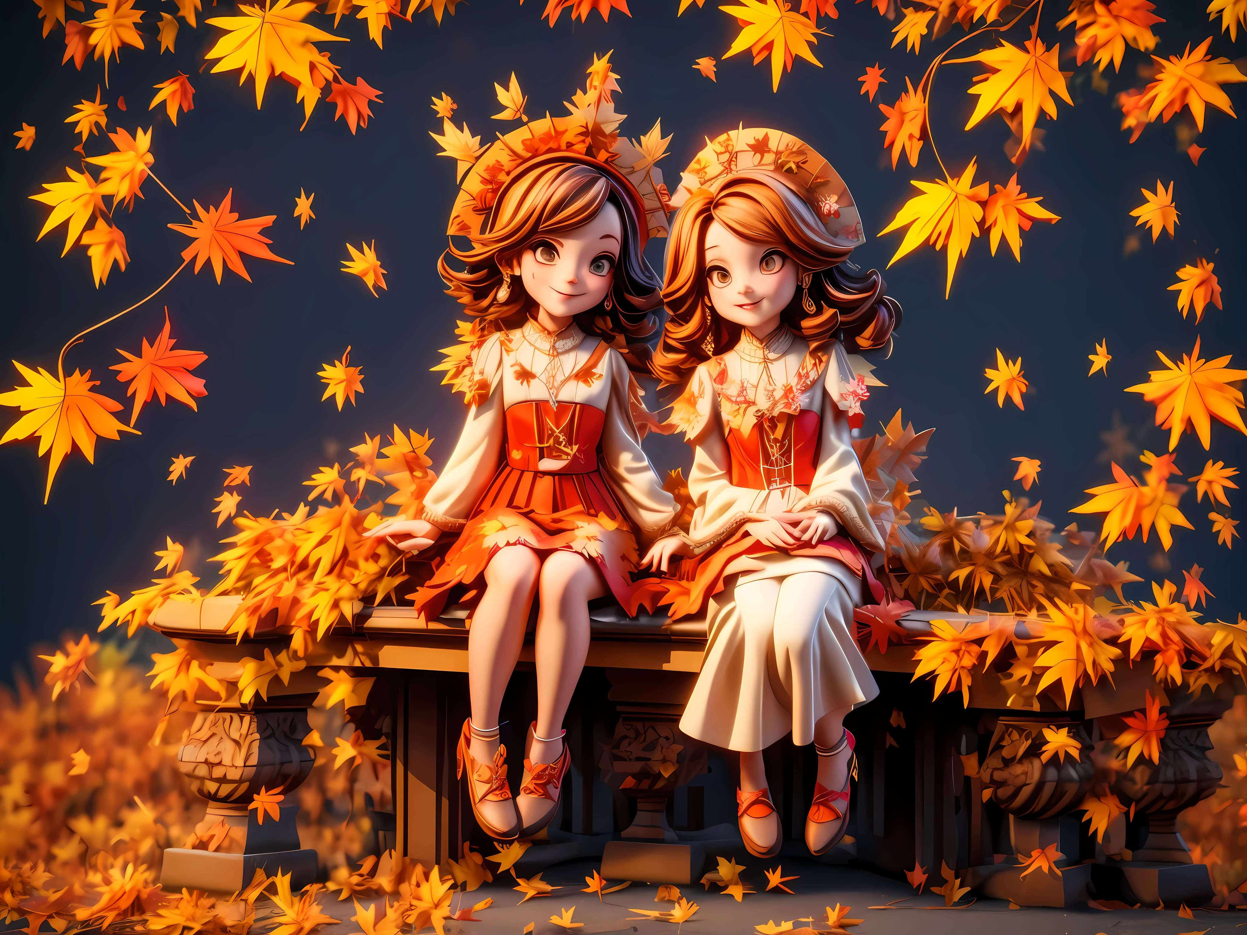 Masterpiece in maximum 16K resolution. | (Colorful 3D:1.3), love (vampire noble couple) on the park bridge, (((falling maple leaves))). | More_Detail