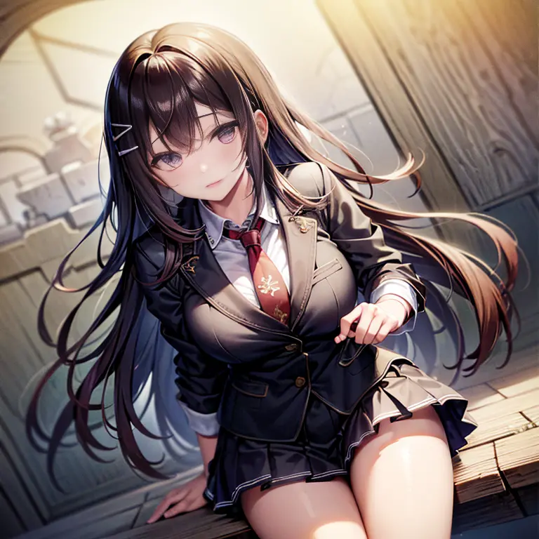 maisakurajima, sakurajima mai, long hair, bangs, black hair, hair ornament, (purple eyes:1.1), hairclip,
BREAK skirt, shirt, sch...