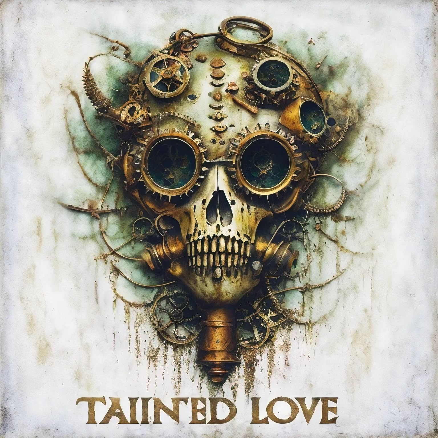 arafed love by the steampunk skull, psytrance artwork, official artwork, metal album cover, taned skin, stained”, tar - like, tattered, power metal album cover, shaded, tanned, toned, album cover, album artwork, enhanced, haunted, by Tadeusz Pruszkówski, metal album cover art, cd cover artwork