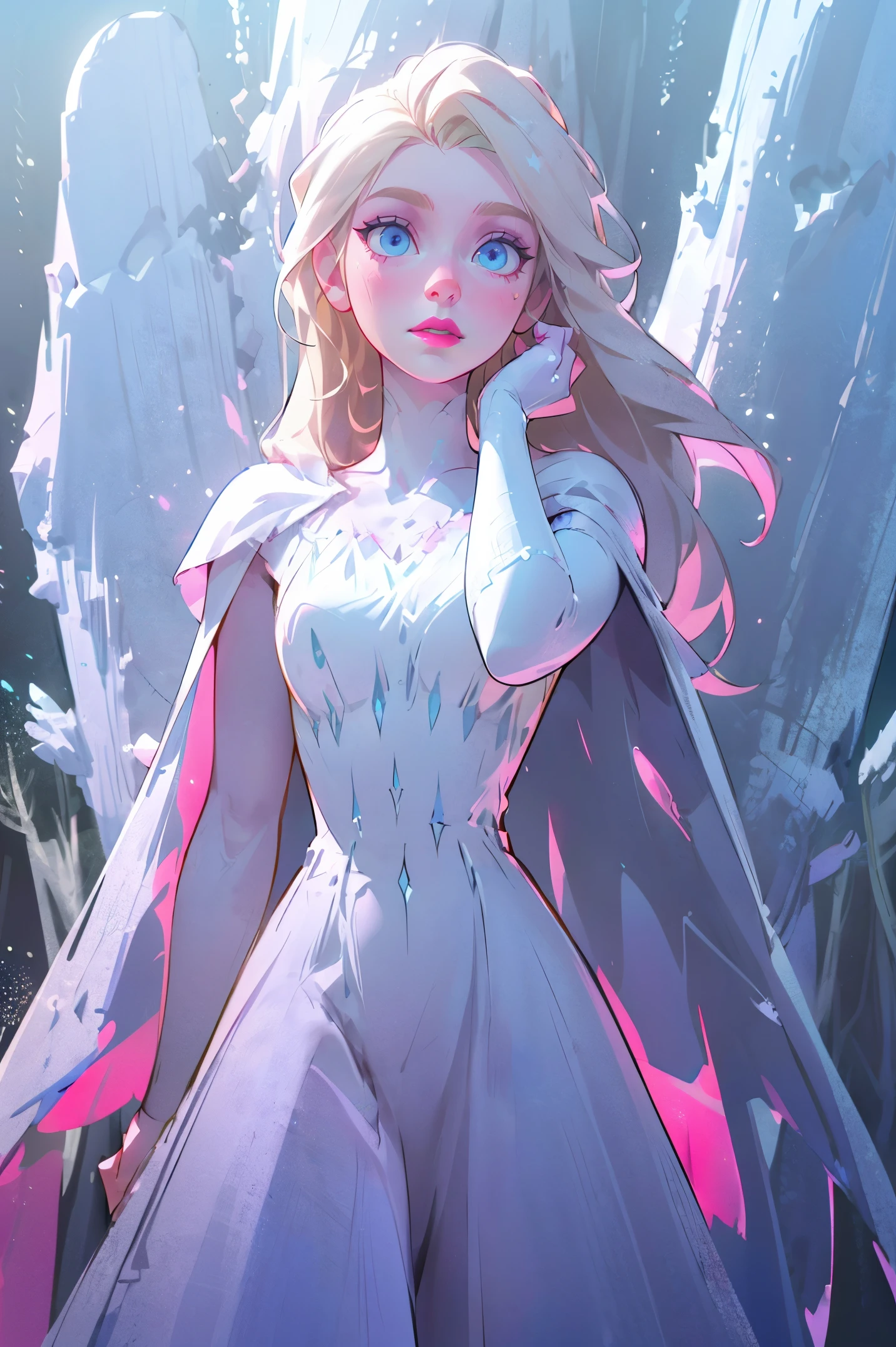 (snow_queen_elsa:1), frozen,  (white dress, white cape, blue details dress, long hair, blonde hair, blue eyes, pink lips, pale skin:1.5),  (loose hair:1.5),  ((blue eyes)), (dress:1), (long dress),  cartoony facial features, large round eyes, (white blonde hair:0.9), (realistic:1.2),  (masterpiece:1.2), (full-body-shot:1),(Cowboy-shot:1.2), snow, snowing, mountain background, light particles, snow forest background, neon lighting, dark romantic lighting, (highly detailed:1.2),(detailed face:1.2), (gradients), colorful, detailed eyes, (detailed landscape:1.2), (natural lighting:1.2),(detailed background),detailed landscape, (dynamic pose:1.2), close shot, solo, 