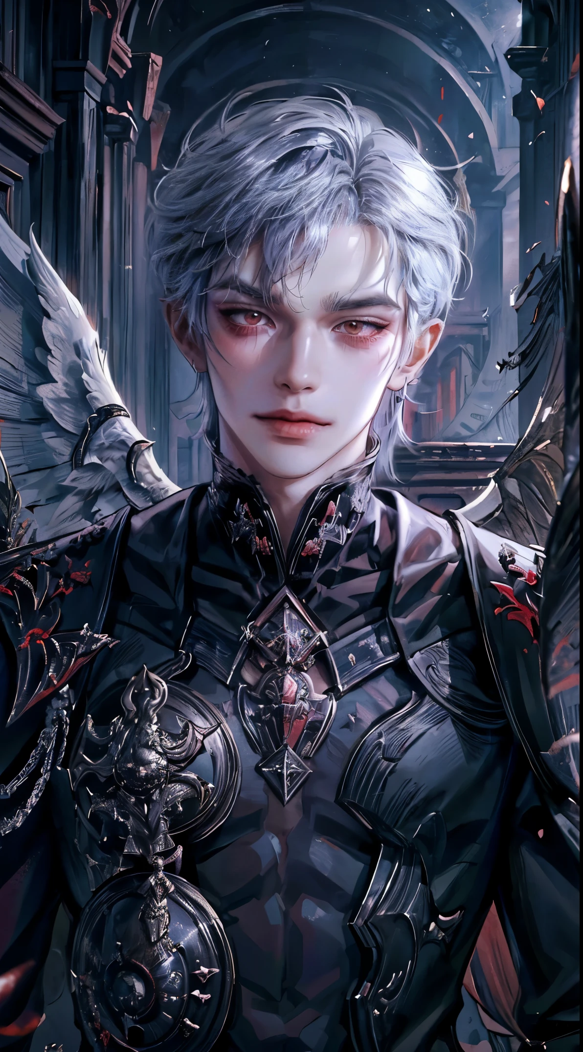 ((4K works))、​masterpiece、（top-quality)、((high-level image quality))、((One Beautiful Fallen Angel Man))、((King of Fallen Angels))、Slim body、((Vampire Black Y-Shirt Fashion))、(Detailed beautiful eyeantastic English corridor))、Corridors in an evil English castle、((Face similar to Chaewon in Ruseraphim))、((Fallen Angel Longhair))、(((bright silver hair)))、((Smaller face))、((Neutral face))、((Evil face))、((Red Eyes))、((Korean Male))、((50 years old))、((wild boy))、((Evil look))、((angry expressions))、((Show your teeth and smile))、((Korean makeup with black eyeshadow))、((elongated and sharp eyes))、((Shot alone))、((Fallen angels))、Photos of fallen angels、Villain、Dark Proof、((shot from front))、((He  walking in front of the viewer))