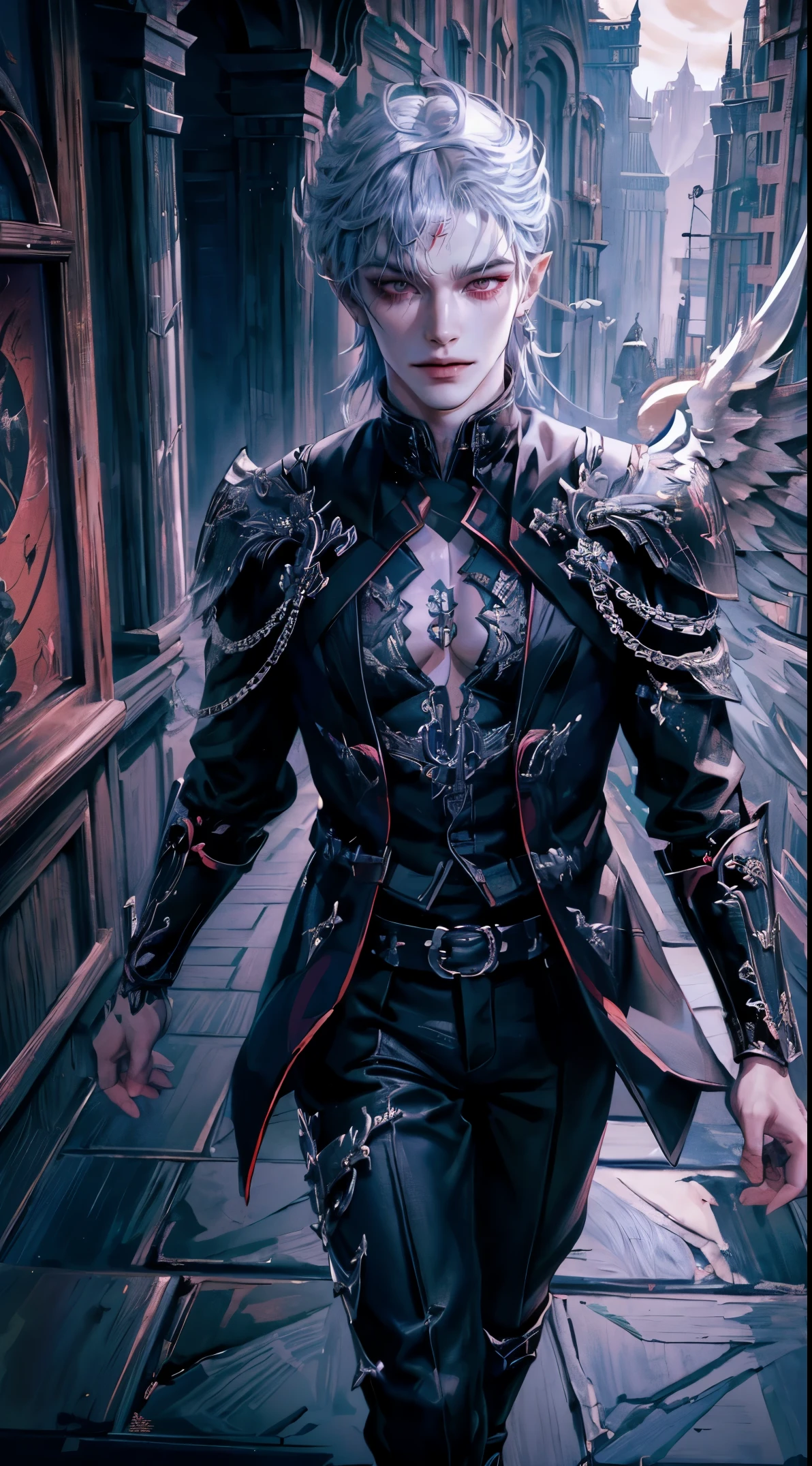 ((4K works))、​masterpiece、（top-quality)、((high-level image quality))、((One Beautiful Fallen Angel Man))、((King of Fallen Angels))、Slim body、((Vampire Black Y-Shirt Fashion))、(Detailed beautiful eyeantastic English corridor))、Corridors in an evil English castle、((Face similar to Chaewon in Ruseraphim))、((Fallen Angel Longhair))、(((bright silver hair)))、((Smaller face))、((Neutral face))、((Evil face))、((Red Eyes))、((Korean Male))、((50 years old))、((wild boy))、((Evil look))、((angry expressions))、((Show your teeth and smile))、((Korean makeup with black eyeshadow))、((elongated and sharp eyes))、((Shot alone))、((Fallen angels))、Photos of fallen angels、Villain、Dark Proof、((shot from front))、((He  walking in front of the viewer))