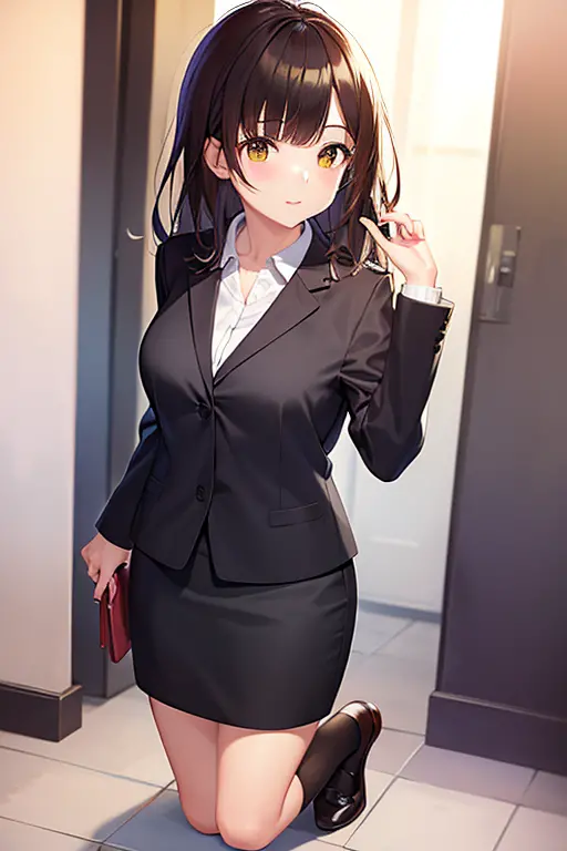 1girl, sayu ogiwara, suit, office lady, black skirt, black blazer, pencil skirt, long skirt, white shirt, collared shirt, long h...