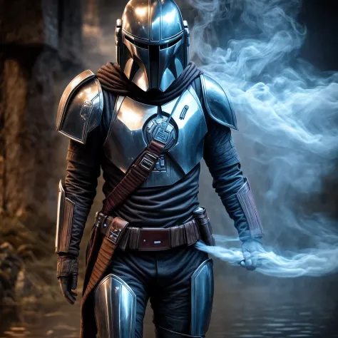close up, Mandalorian from Star Wars, Ghost, Dark, gotik, 3d, Ultra Detailed, blue transparent smoke around, realistic style, Old Night Pond, full - body,