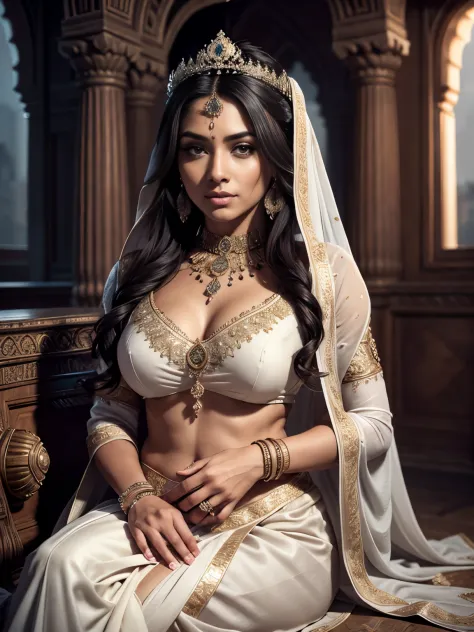 Portrait, a beautiful indian queen, classic, ultra detailed body, ultra detailed face, long pony hair, sitting on a throne, whit...