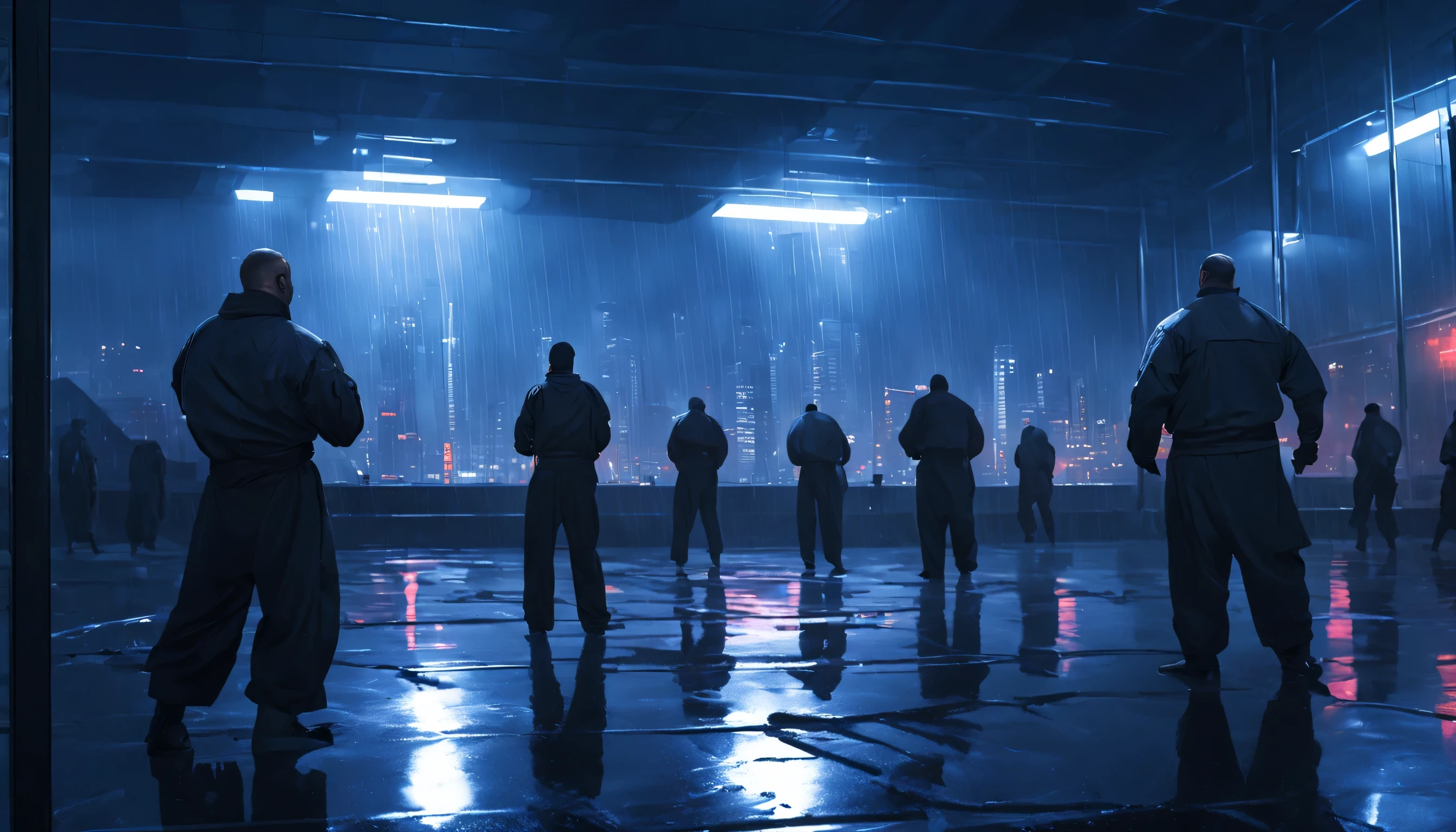 many big men are training in a martial arts open area,  behind the windows is a very dark abandoned futuristic city, rainy night 
