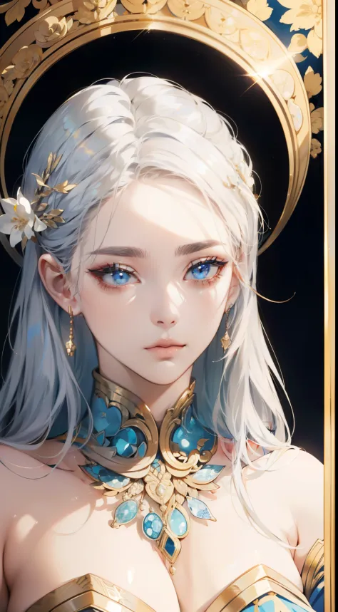 Silver-haired woman、busts、de pele branca、Left and right symmetrical eyes、A detailed eye、Shining sky blue eyes、Gold hair ornament...