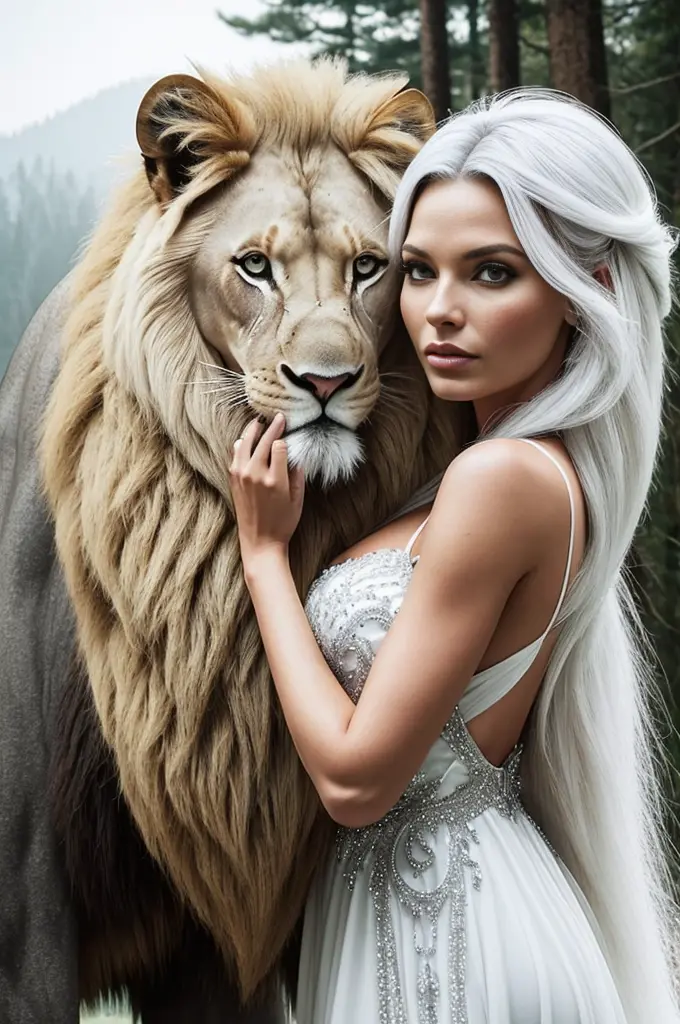 Dark and magical night, magic mist, Beautiful and beautiful woman next to a white lion, estilo de capa de filme, similar to actr...