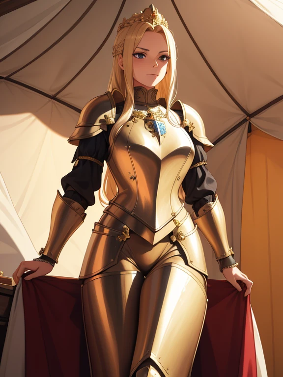 masterpiece, Best quality, ultra detailed, full length, 1 arrogant woman, queen, blonde hair, in royal women&#39;s steel plate armor with a pronounced chest and decorated with gold, stands in a military camp tent, fantasy world