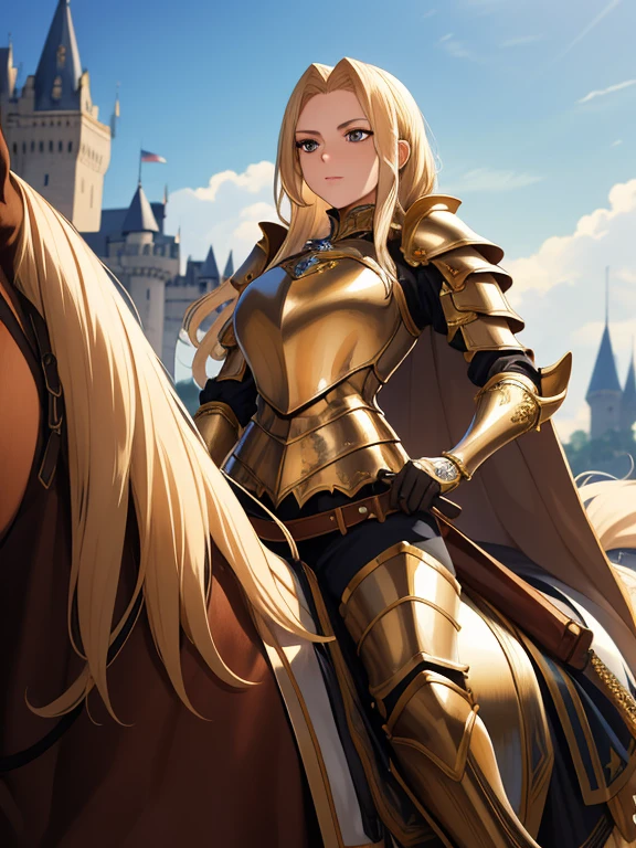 masterpiece, Best quality, ultra detailed, full length, 1 arrogant woman, queen, blonde hair, in royal women&#39;s steel plate armor with a pronounced chest and decorated with gold, riding a horse near the castle, fantasy world