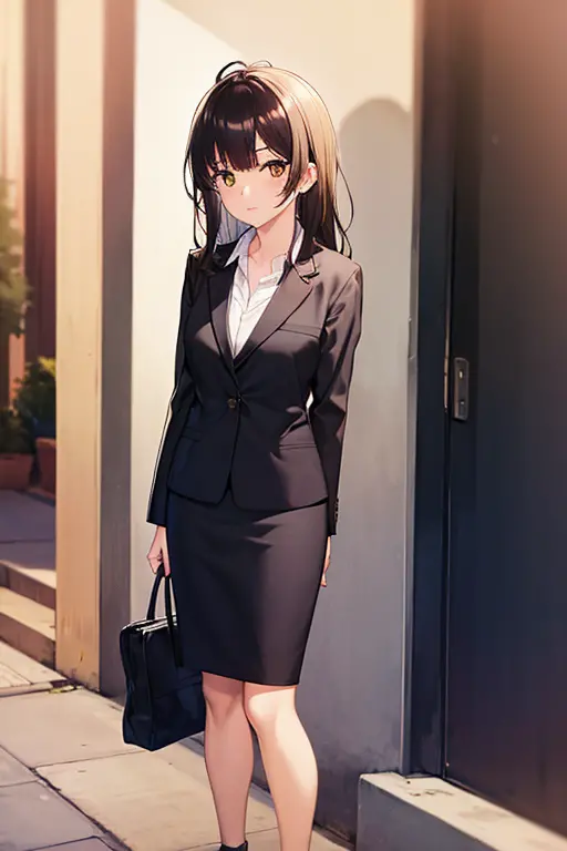 1girl, sayu ogiwara, suit, office lady, black skirt, black blazer, pencil skirt, skirt suit, long skirt, white shirt, collared s...