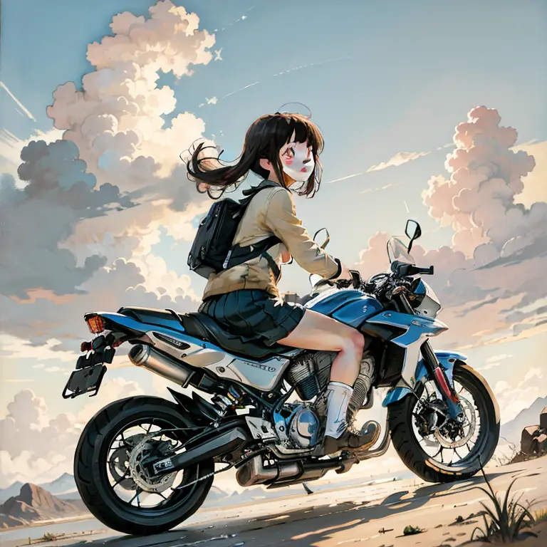 best quality,highres,realistic,landscape,oil painting,clouds,changing,elementary school student,girl riding a motorcycle,solo pe...