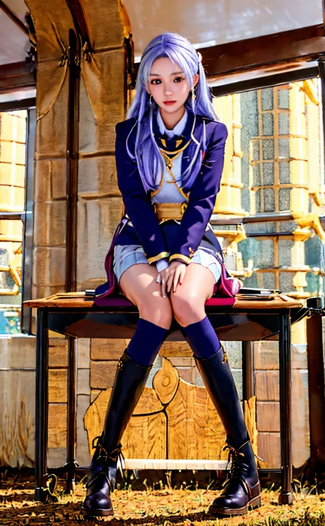 indoors, classroom, sitting at desk, Edelgard, Multi-view upper body, upskirt view, legs together, a3r1th, ,  herself, perfect figure, Edelgard, Hold the pen, silver hair, purple eyes, Red Link, School uniform black shorts, Headband, black ankle boots, Loo...