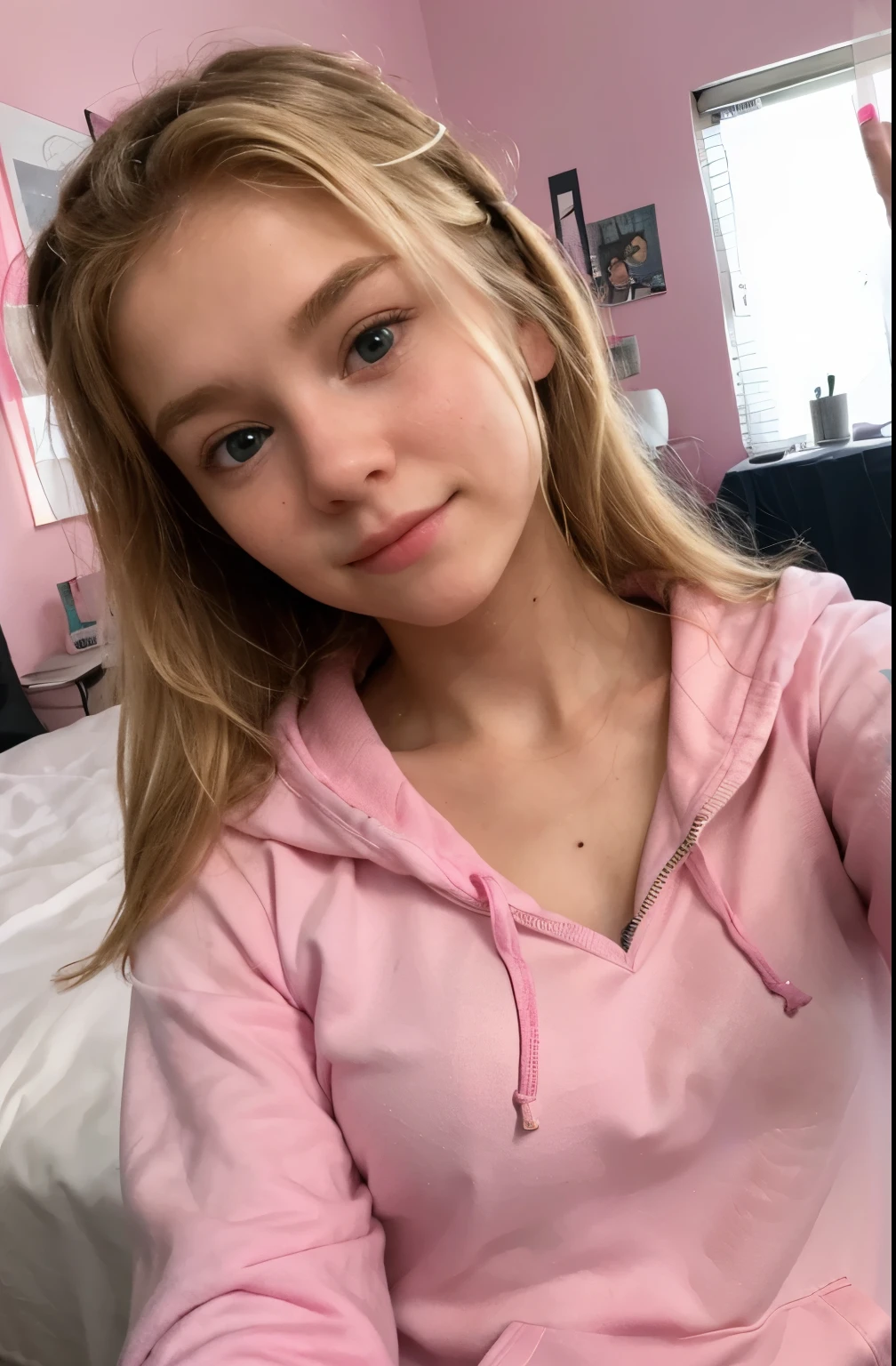 A close up of a young girl in a pink hoodie - SeaArt AI