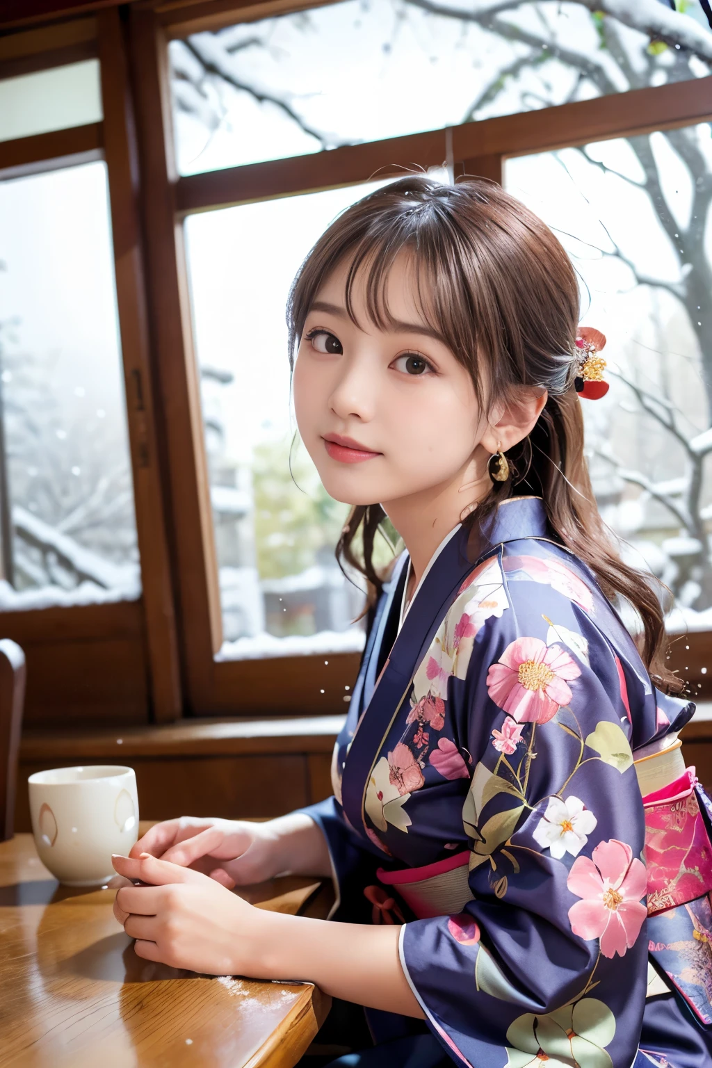 Japanese ID ,((cute ,baby face:1.2)),(8K, Raw photo, Super detailed, highest quality:1.2), (realistic, Photoreal:1.4), (very detailed, ultra high resolution ,beautiful, table top:1.2), ,very detailed顔と目,shiny skin,(upper body:1.professional lighting,soft light, sharp focus, written boundary depth,medium hair,earrings, (Kimono costume with gorgeous floral pattern :1.3),Bokeh,(dynamic angle:1.5),(New Year&#39;s Japanese room&#39;holidays. There are kagami mochi and pine decorations in the alcove.., And it&#39;s snowing outside the window、. :1.3)