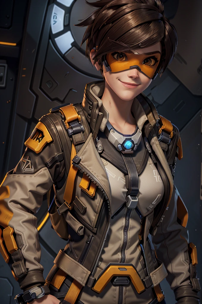 TracerOver, 1girl, tracer (overwatch), solo, orange goggles, brown hair, goggles, short hair, spiked hair, brown eyes, upper body, harness, jacket, bomber jacket, smile, looking at viewer, bodysuit, chest harness, bangs, parted lips, teeth, leather, lips, brown jacket, leather jacket, piercing
