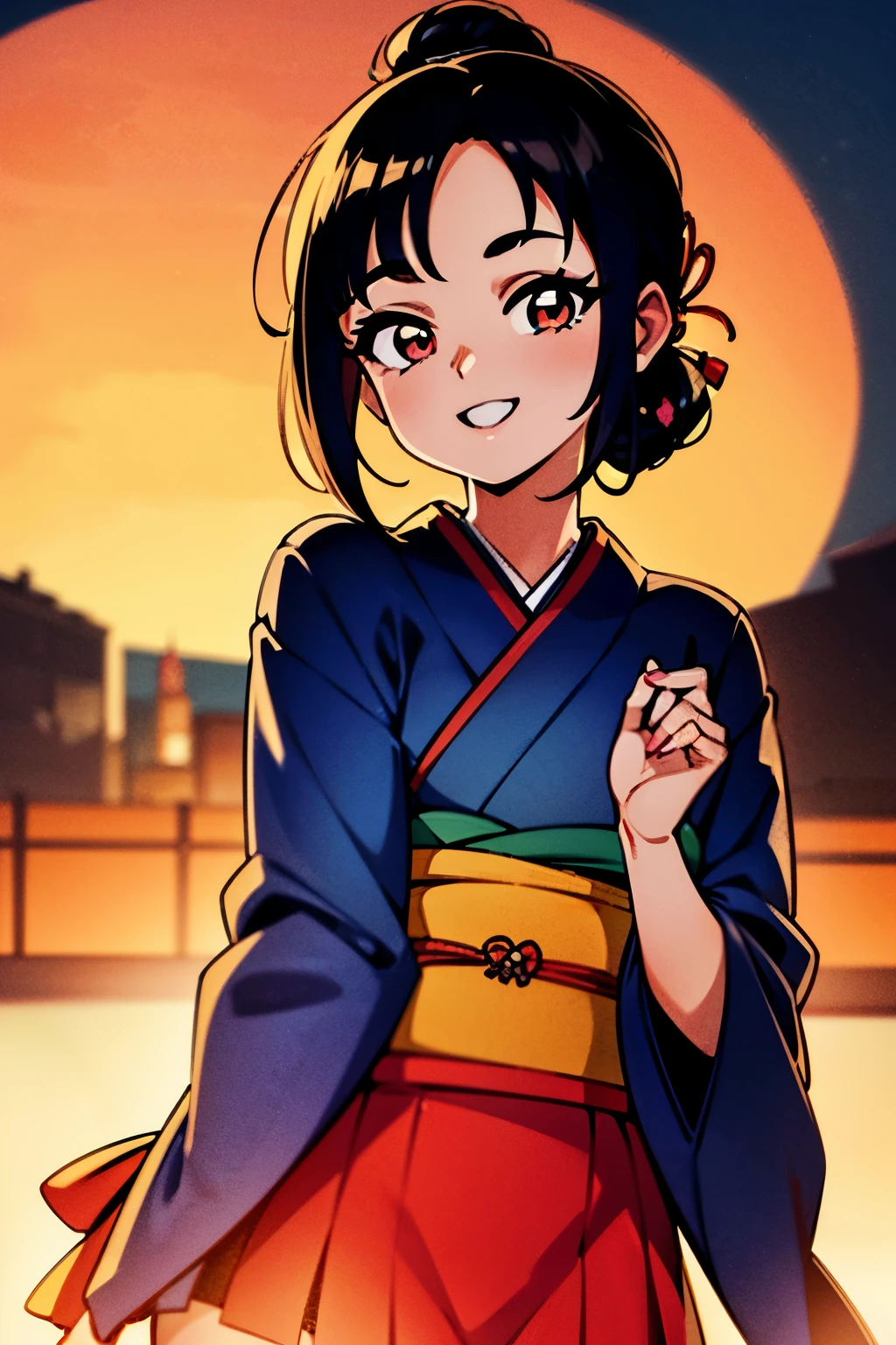 A cartoon girl in a kimono outfit standing in front of a full moon - SeaArt  AI