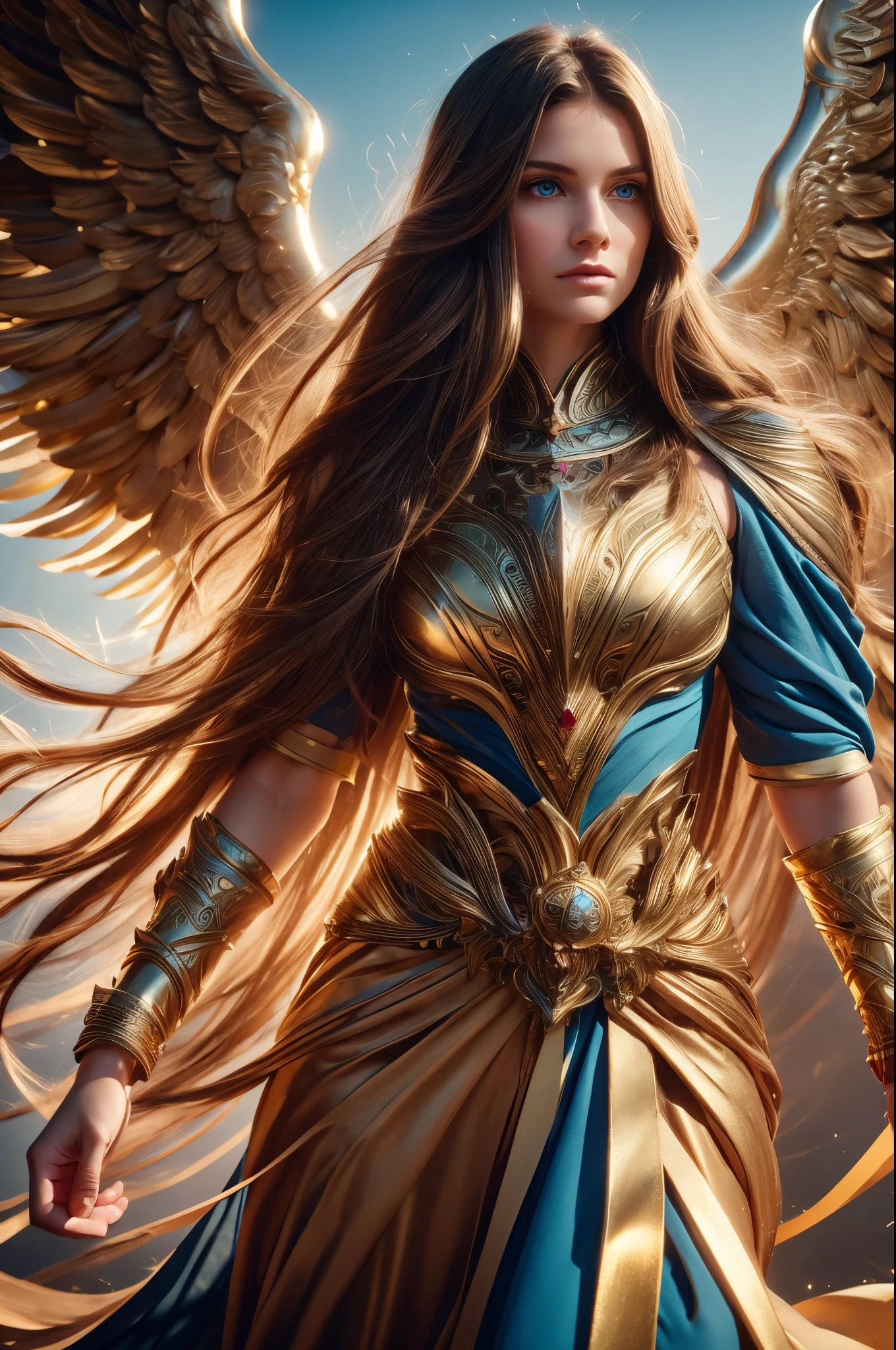 WINGED WOMAN, SAINT WOMAN, HUGE LONG HAIR, BROWN HAIR, HUGE BROWN FEATHERS, LONG BLUE DRESS, PALE SKIN, BLUE EYES, LIGHTING EYES, ROSY CHEEKS, MENTAL FORAMEN, ATHLETIC BODY, MUSCLES, LIGHTING AURA, GOLD BRACELETS, GOLD GAUNTLETS, BACKLIGHTS, SUN, RIVER, SAINT WOMAN, FRONT BODY VIEW, ANGEL FROM HEAVEN