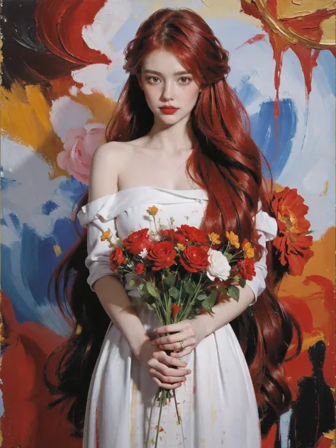 portrait,1girl,solo,dress,holding bouquet,very long hair,red flower,red hair,red rose,white dress,((dyeing)),((oil painting)),((impasto)),