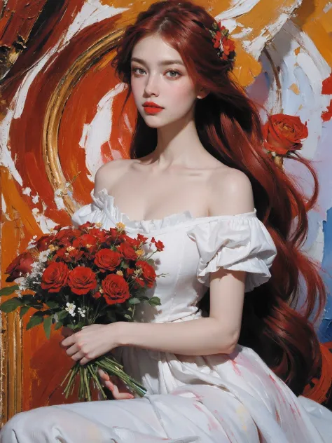 portrait,1girl,solo,dress,holding bouquet,long hair,red flower,red hair,red rose,white dress,((dyeing)),((oil painting)),((impasto)),