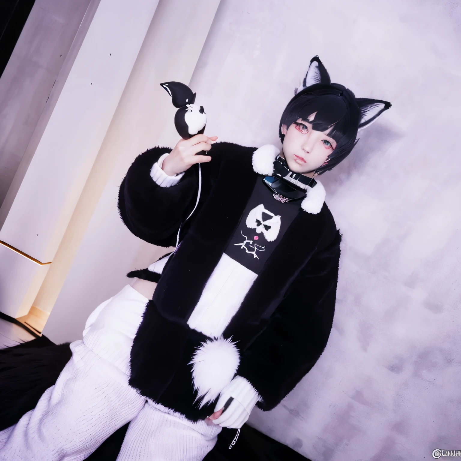 Anime cosplay cat with a skull and crossbones holding a knife - SeaArt AI