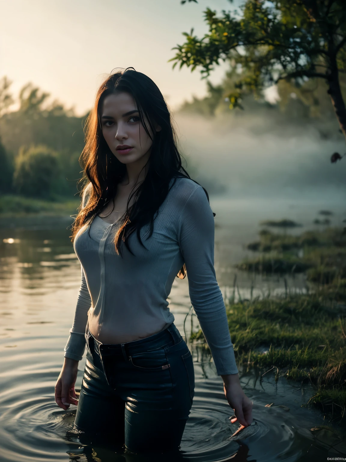 A  hot girl, drown in a swamp in a chest,illustartion, (Best Quality,4k,8K,hight resolution,Masterpiece:1.2),Ultra-detailed,(Realistic,photoRealistic,photo-Realistic:1.37),Horror,dark and gloomy atmosphere with dramatic lighting, Vivid colors, Foggy surroundings, the trees, covered with moss, detailed facial expression, long wavy hair floats in the water, Reflections on the surface of the water, Eerie fog. Jeans