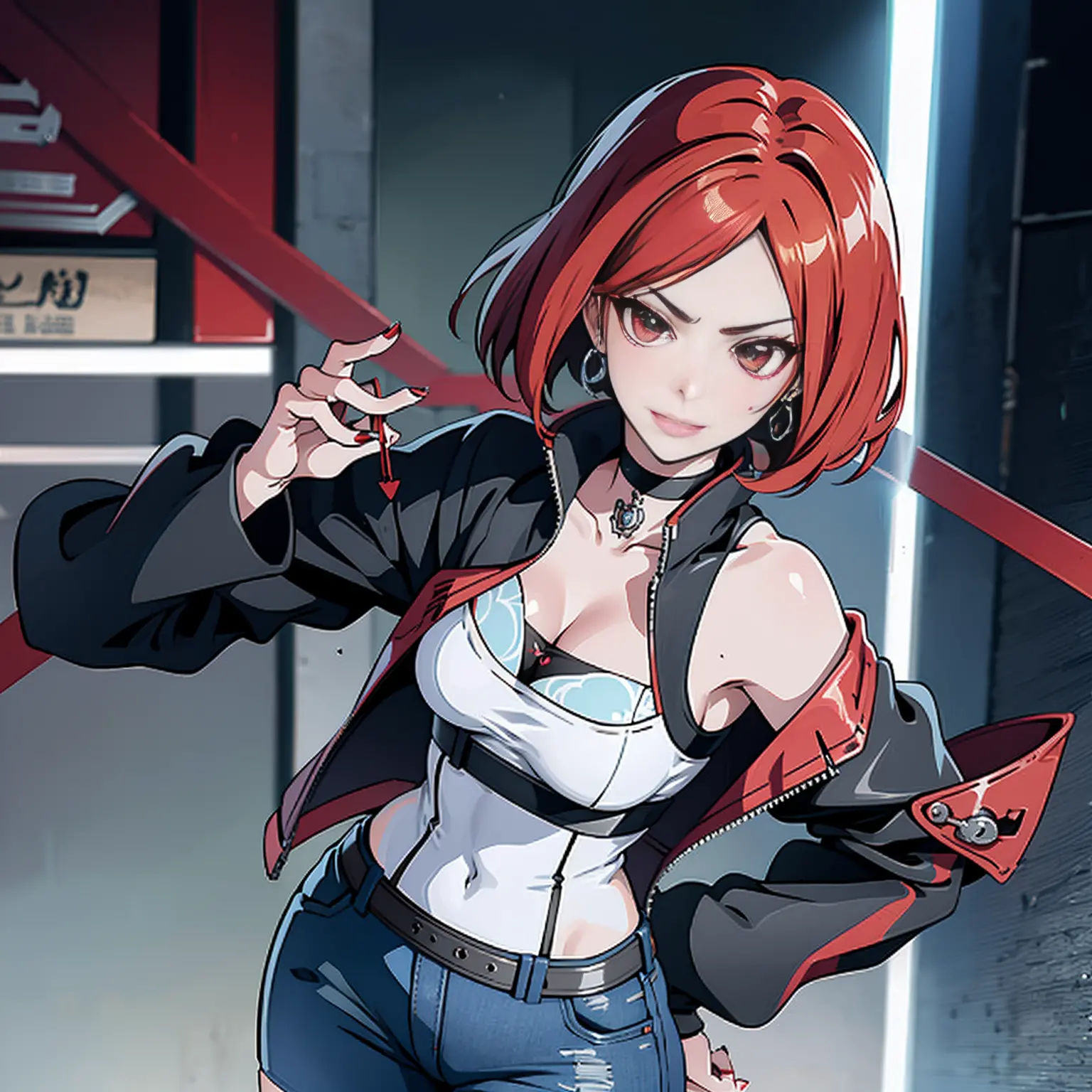 in the art style of persona5 and in the art style of street of rage 4, delinquent, (sukeban), mature_female, blush, mature, olde...