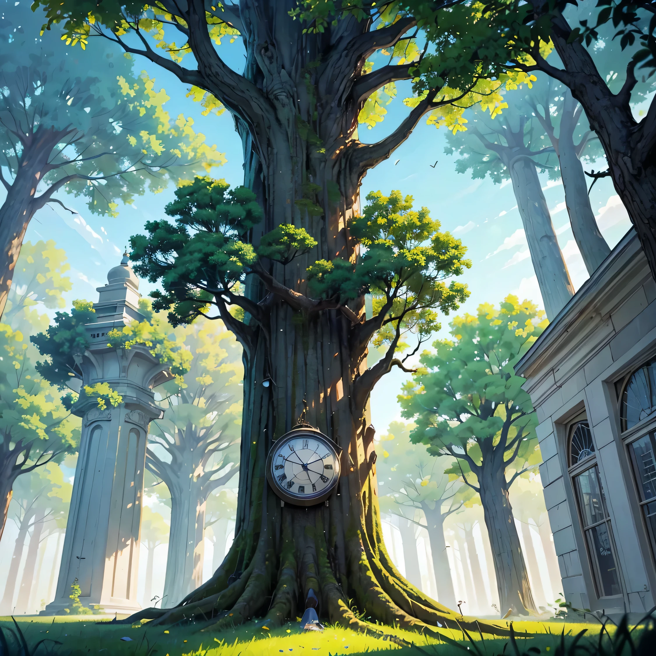 "Craft an image where the scene unfolds with a surprising and surreal touch: an analog clock lying on the ground with the base split open, from which a tree emerges and grows upward. The tree should appear as if it's bursting forth from within the clock, its branches spreading out majestically against the backdrop of daylight.