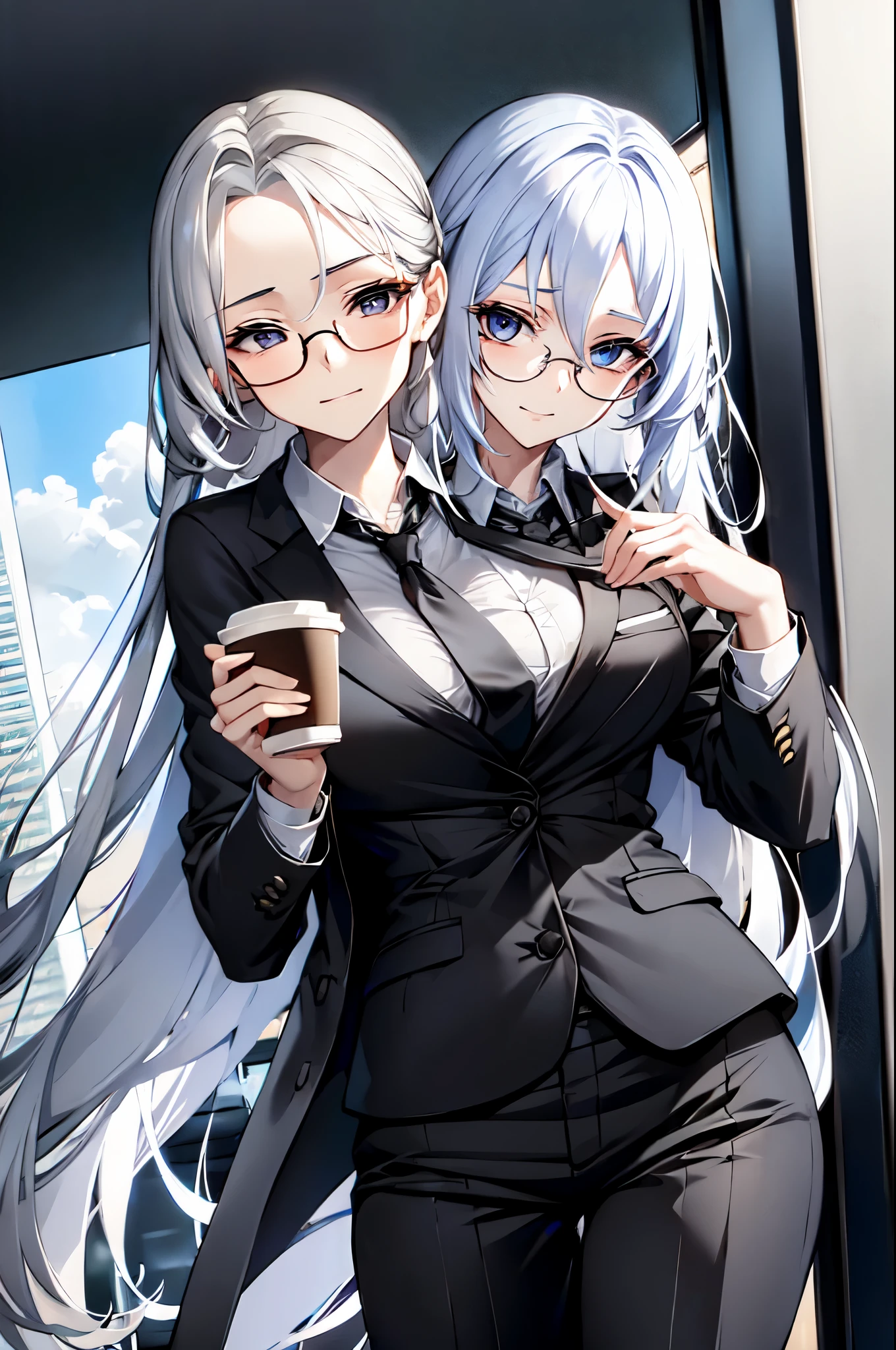 2heads, 1girl, glasses, small smile, very long white hair, petite body, short, black necktie, jacket, trouser, collared shirt, Black pantsuit, white shirt, holding a coffee, masterpiece, high quality, absurdres, office, beautiful background, holding cup of coffee